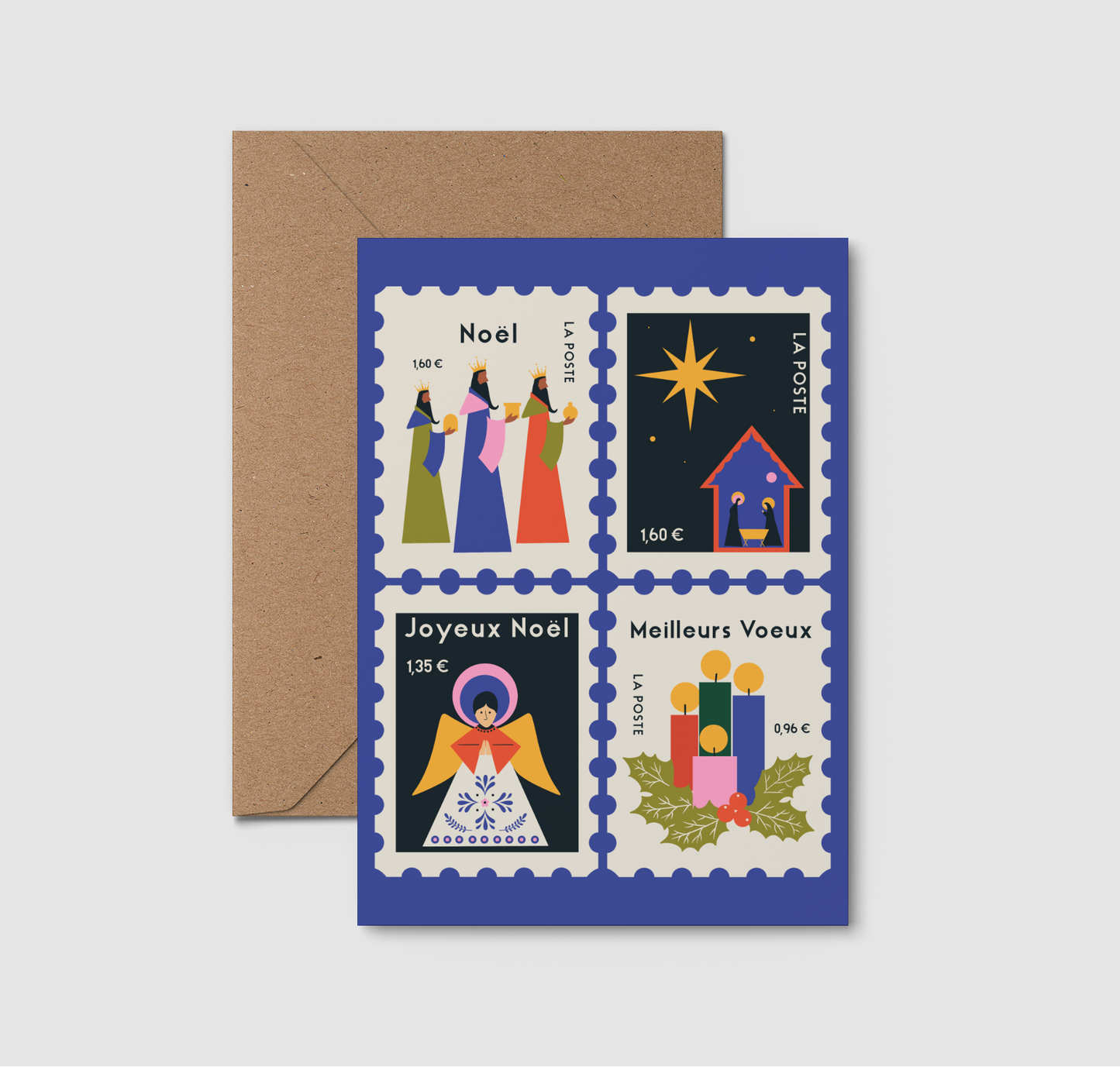 Retro Christmas card. Nativity illustration. French Christmas Card