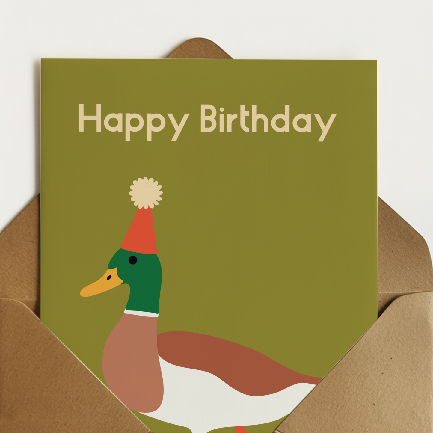 Happy Birthday duck. Cute illustrated birthday card.