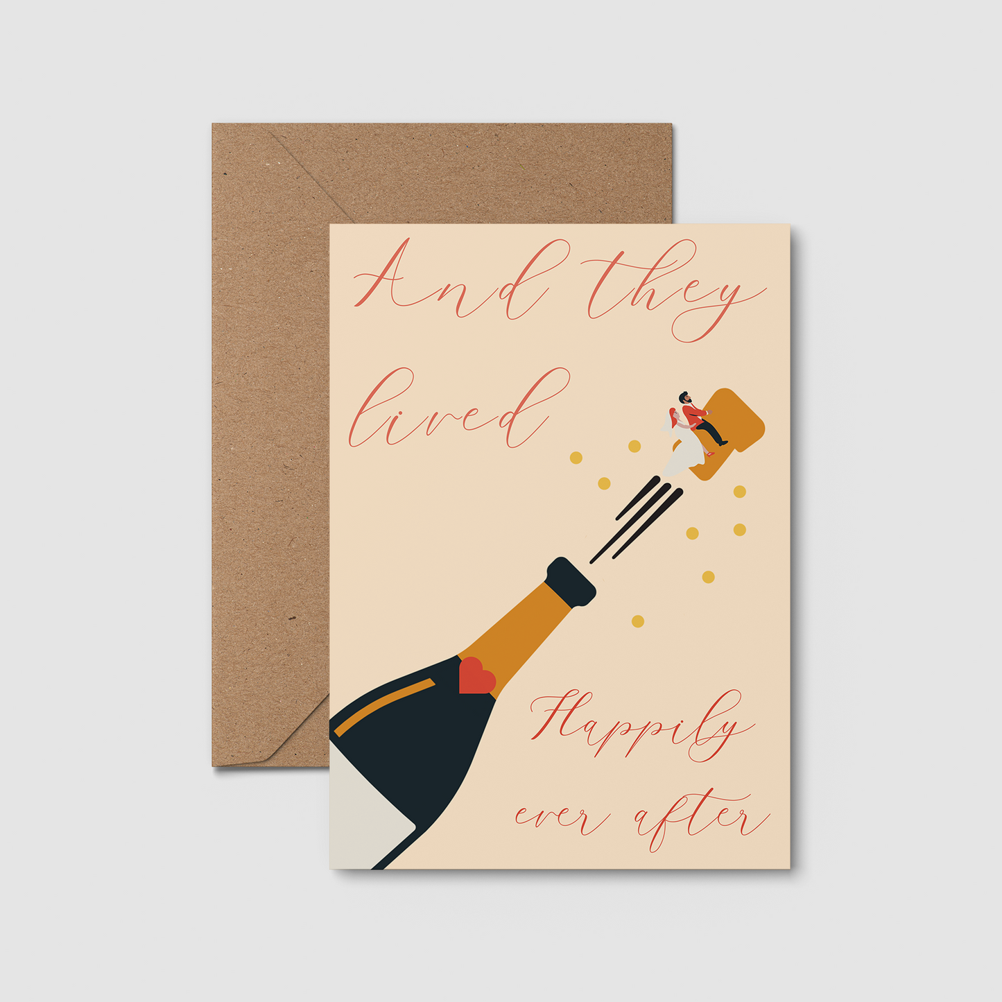 Champagne illustrated wedding card. And they lived happily ever after. Cute illustrated cards.
