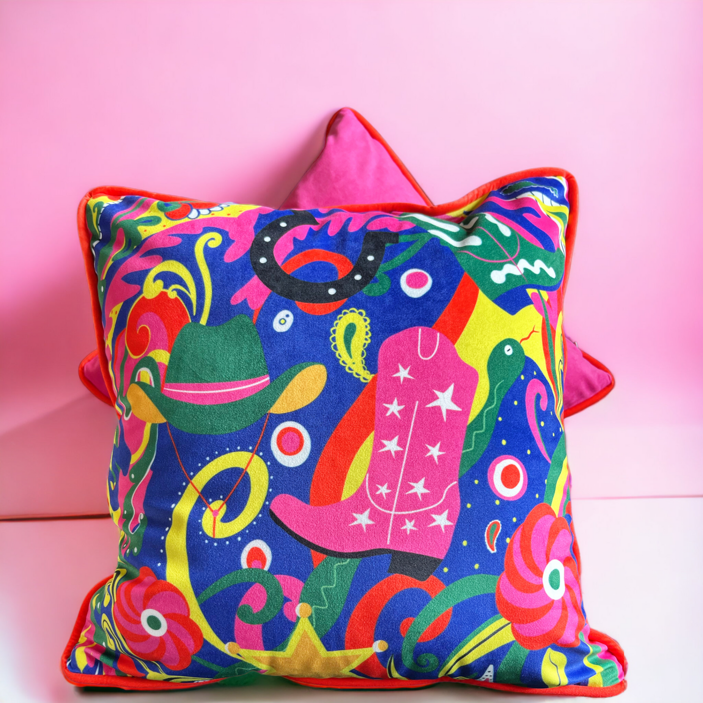 Colourful maximalist Western print velvet cushion 