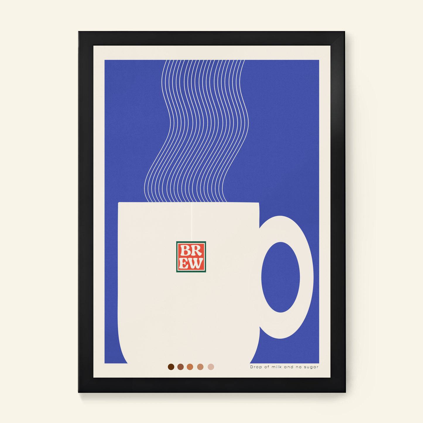 A framed minimalist tea mug poster featuring a white mug set against a blue background with white steam lines, in a black frame. Great gift for tea drinkers. Midcentury modern homeware. 