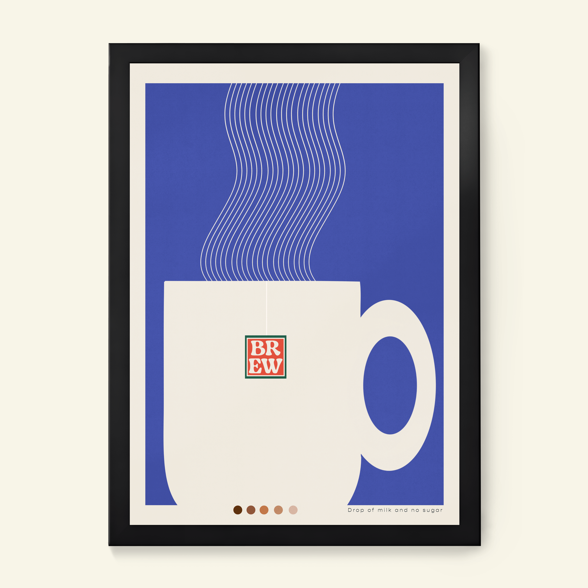 A framed minimalist tea mug poster featuring a white mug set against a blue background with white steam lines, in a black frame. Great gift for tea drinkers. Midcentury modern homeware. 