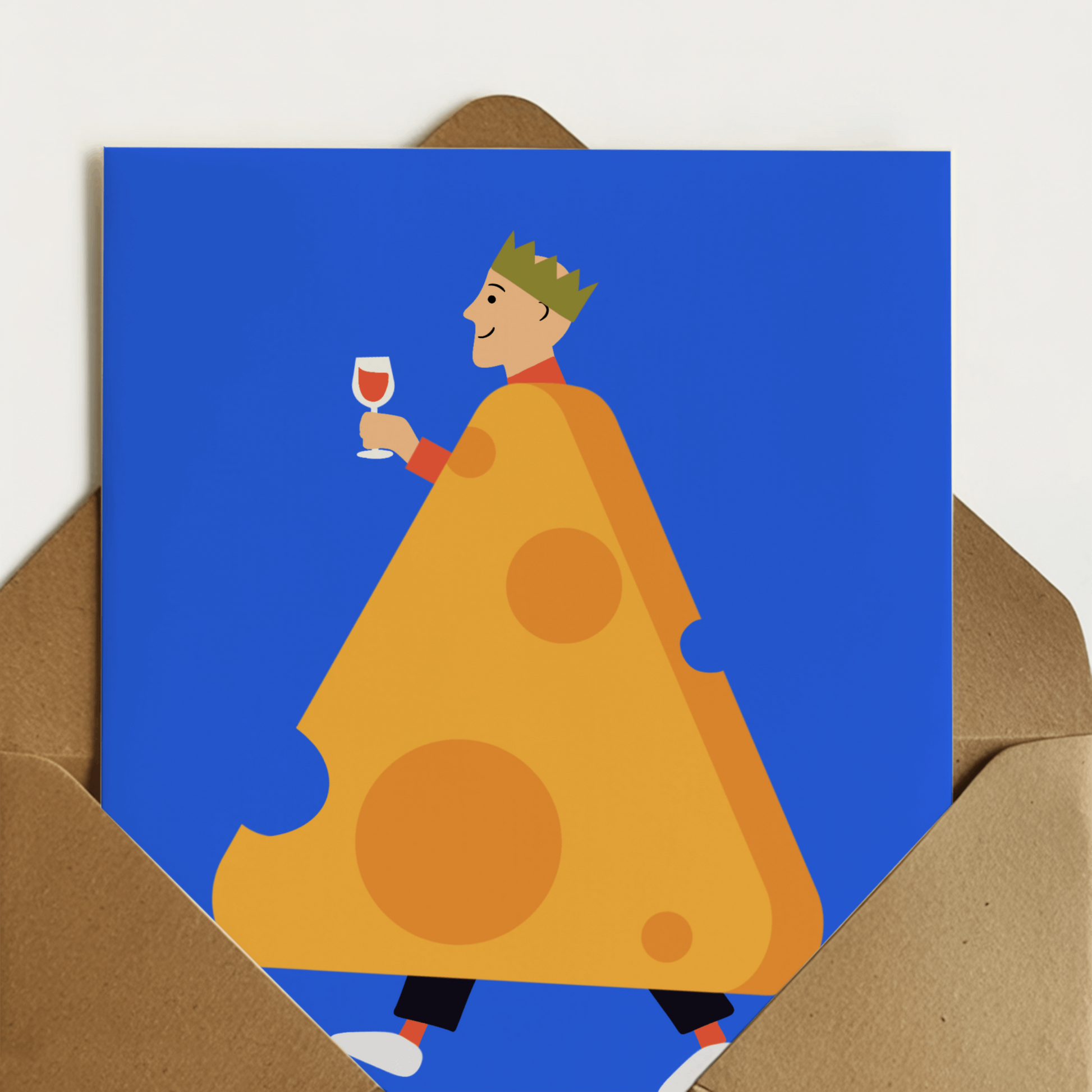 A6 greeting card with an illustration of a man wearing a cracker crown and dressed in a large wedge of cheese