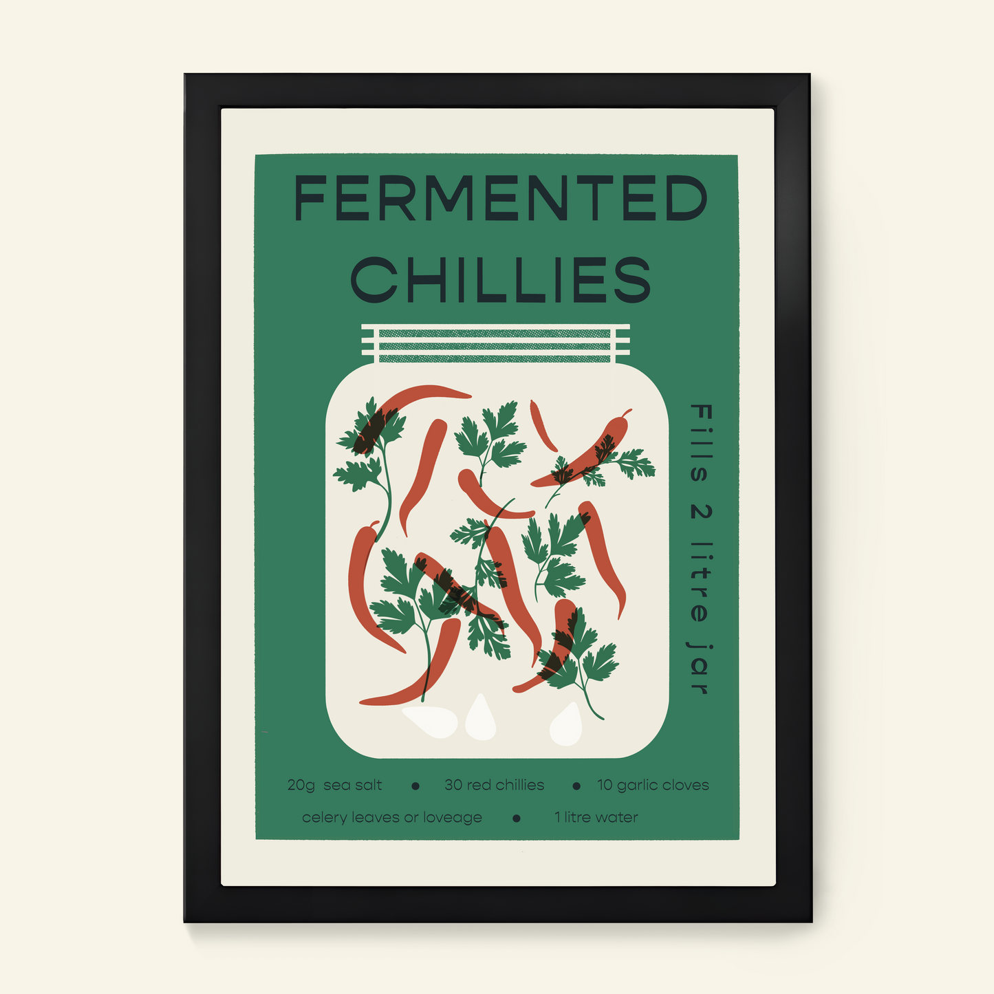 Fermented Chillies in a black frame. A3 art print. Chillies food wall art. 