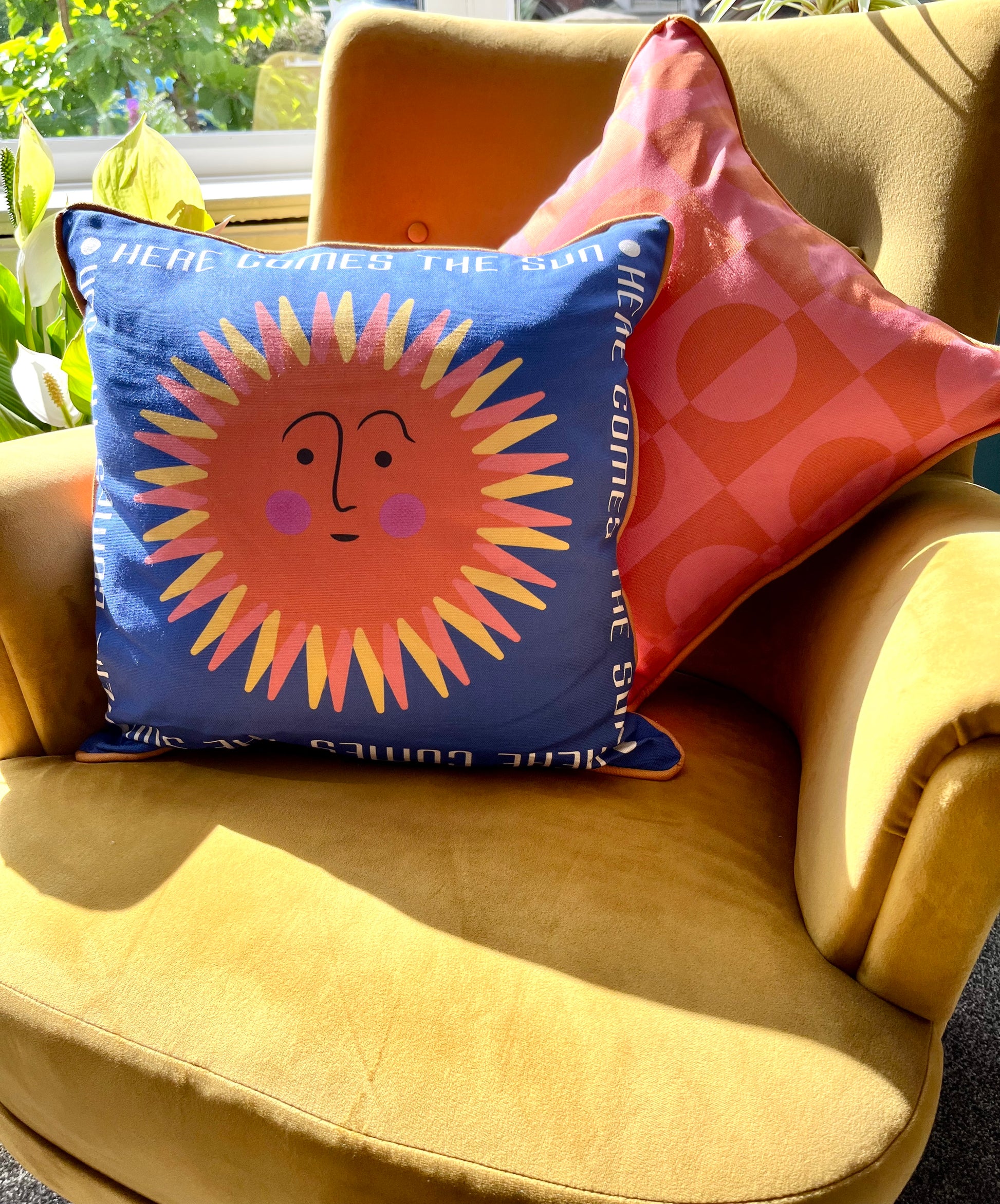 Retro Sun Print Cushion. Beatles lyrics print