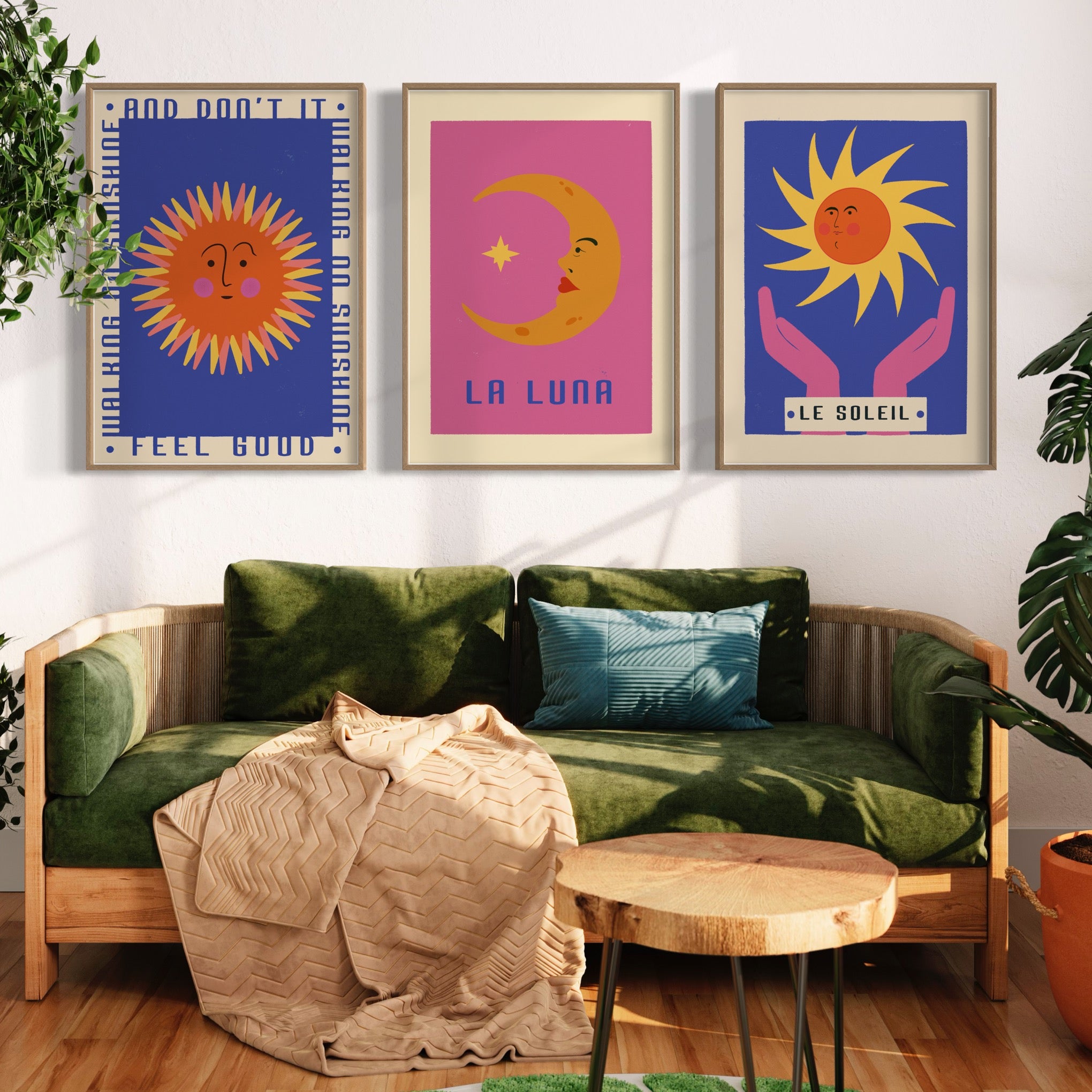 Retro Sun and moon prints for a retro boho home interior 