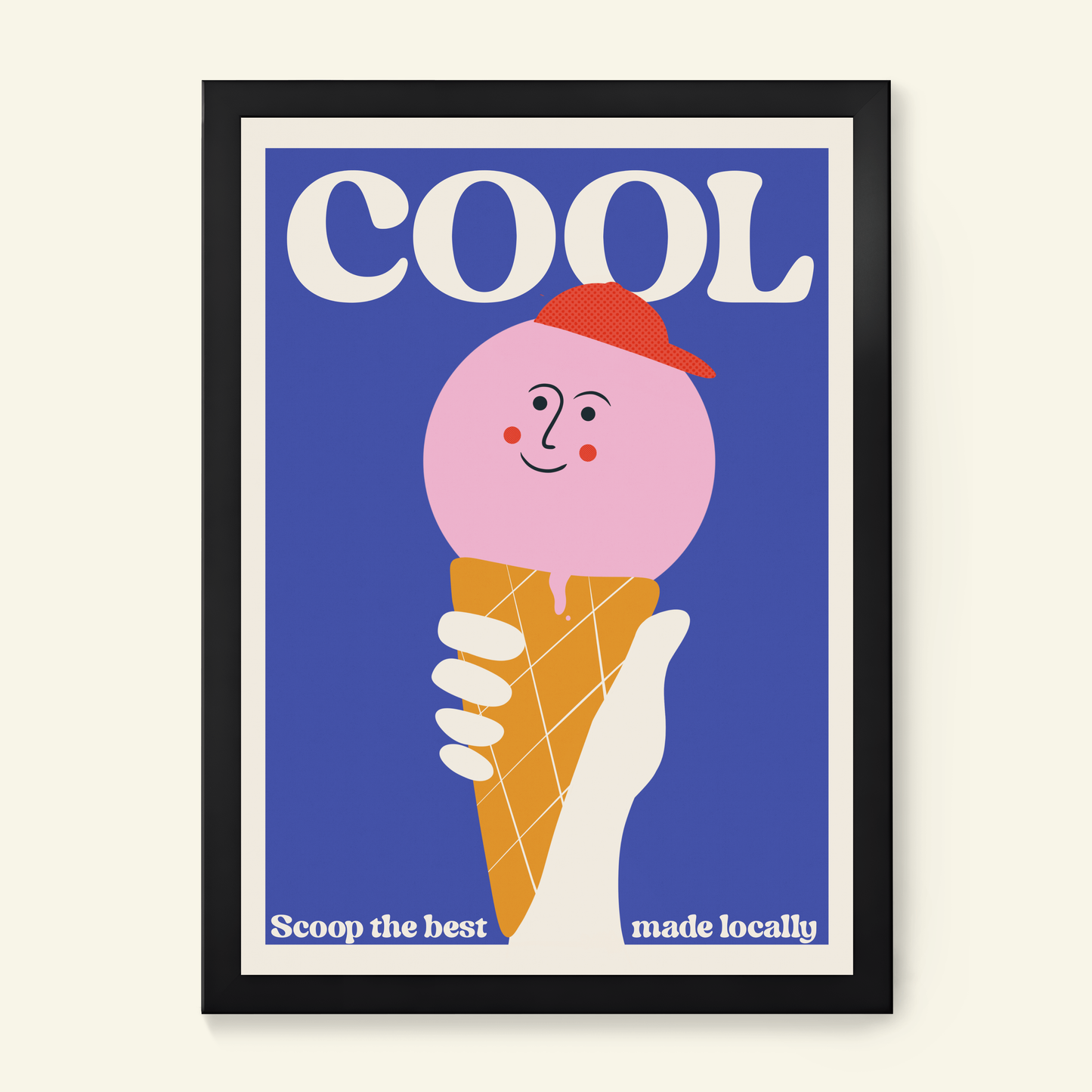 A framed art print featuring a retro-style illustration of a pink ice cream on a waffle cone with the word 'COOL' at the top and the phrase 'Scoop the best made locally' at the bottom. Perfect for kids bedroom decor or kitchen wall art. 
