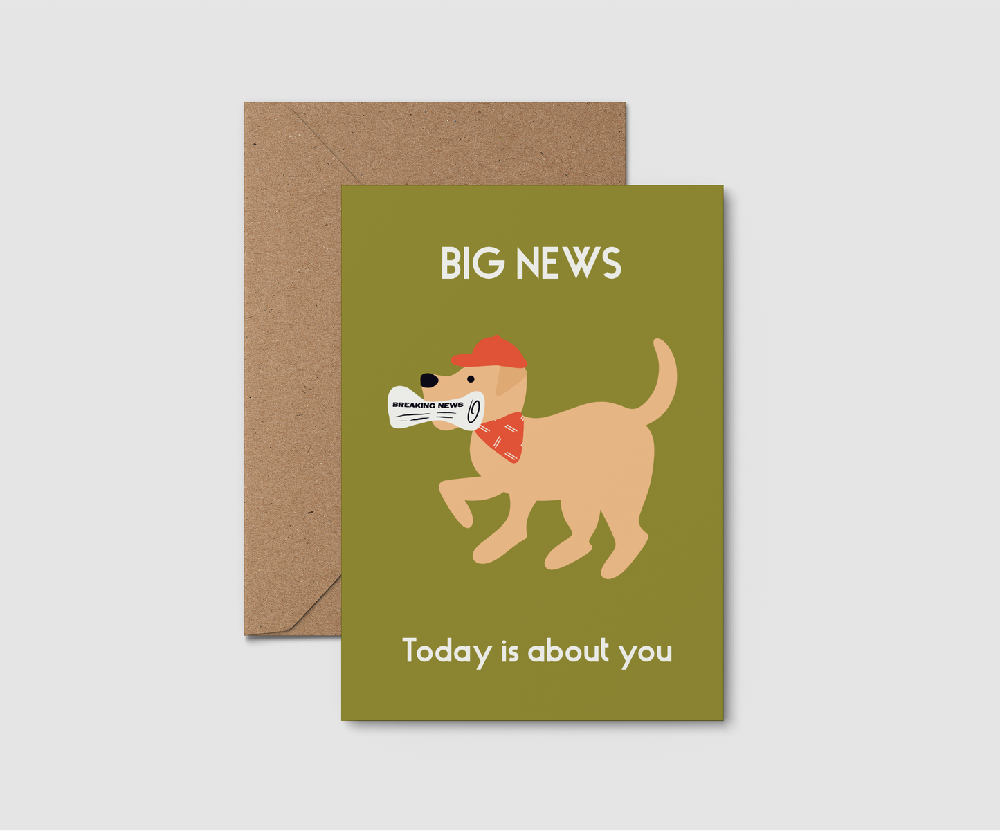 A6 greeting card with. The card features a golden labrador dog wearing a red hat and red bandana, holding a newspaper that reads 'BIG NEWS'. Cards for him. 