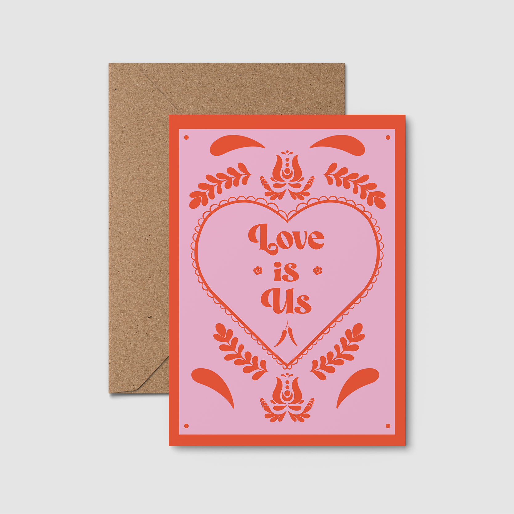 Love is us valentines day card. Hungarian folk pattern. 