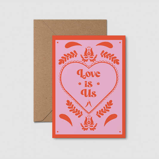 Love is us valentines day card. Hungarian folk pattern. 