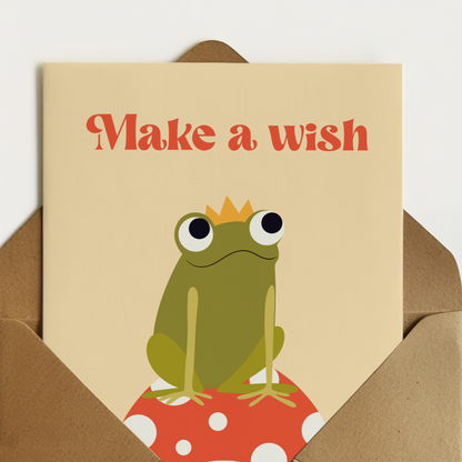 Cute frog fairytale birthday card. Make a wish. 