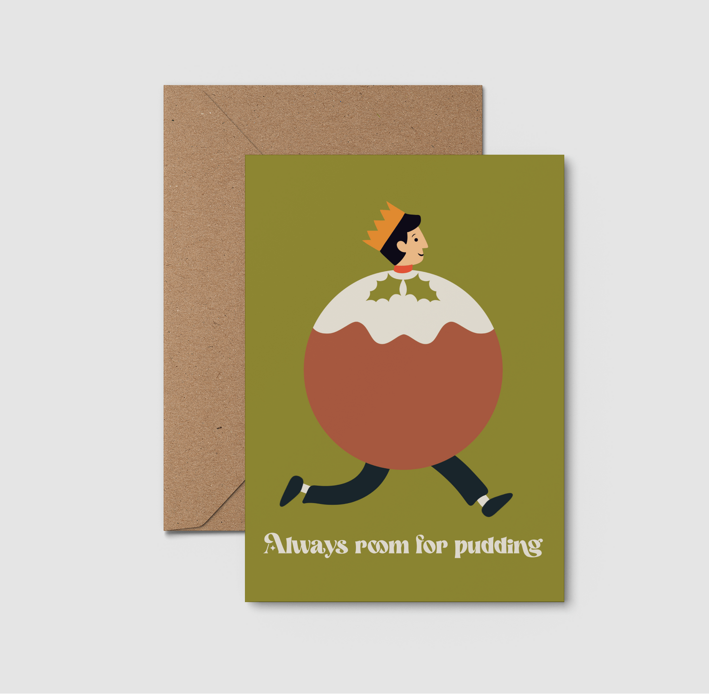A greeting card with a brown kraft envelope, featuring an illustration of a person running inside a pudding and the text 'Always room for pudding' on a green background.