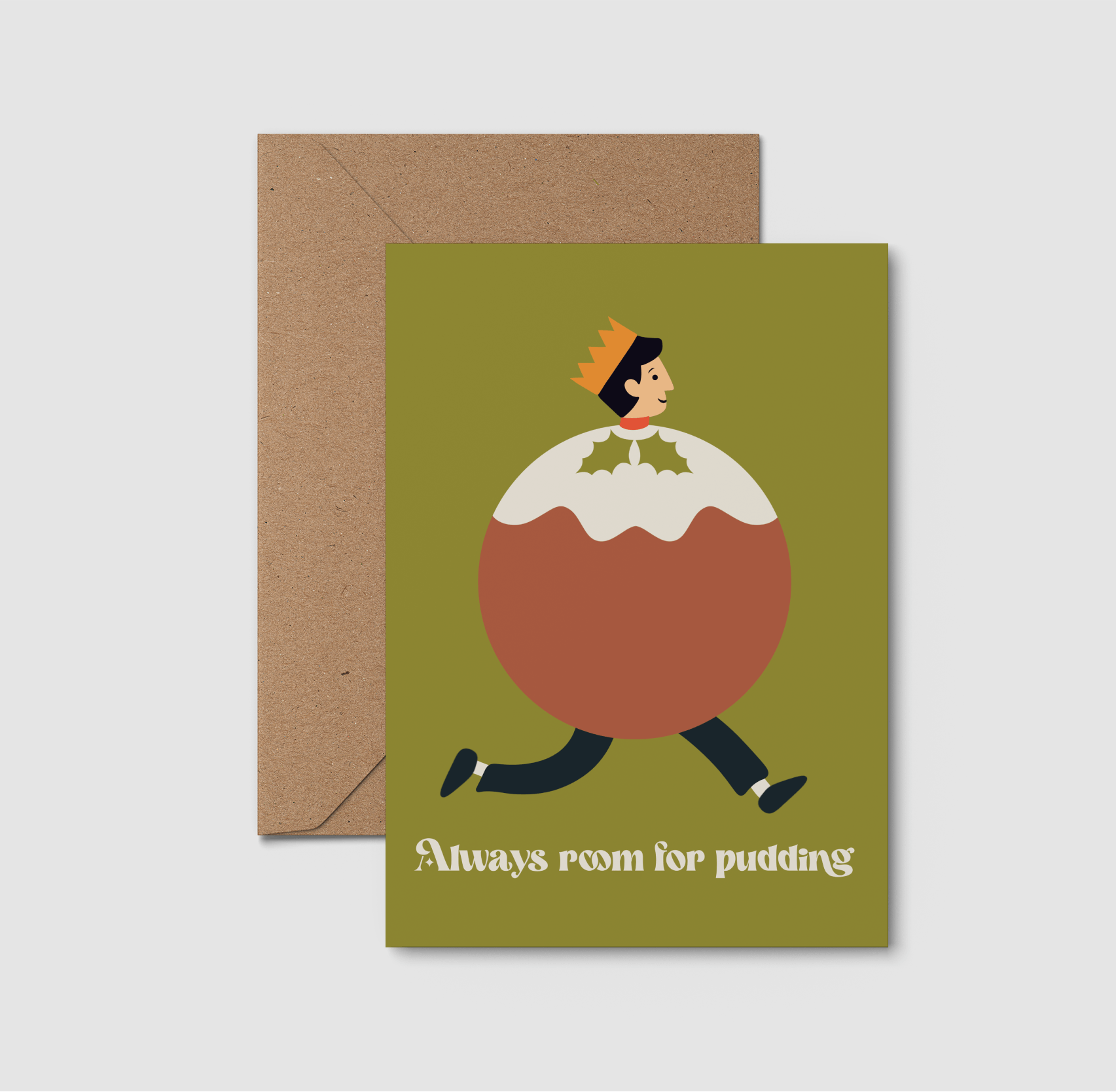 A greeting card with a brown kraft envelope, featuring an illustration of a person running inside a pudding and the text 'Always room for pudding' on a green background.