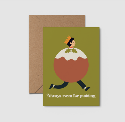 A greeting card with a brown kraft envelope, featuring an illustration of a person running inside a pudding and the text 'Always room for pudding' on a green background.