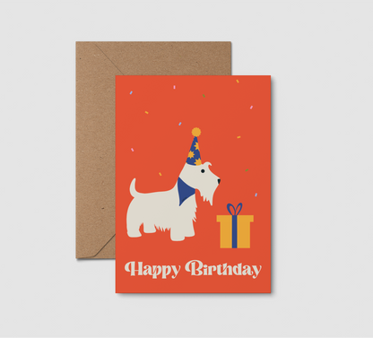 Happy Birthday. Featuring a wheaten Scottish Terrier in a party hat with a gift on a red background with confetti. 