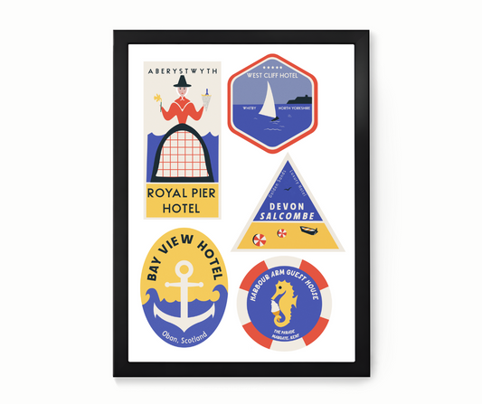 Mixed Retro British Coast Luggage Labels  Print