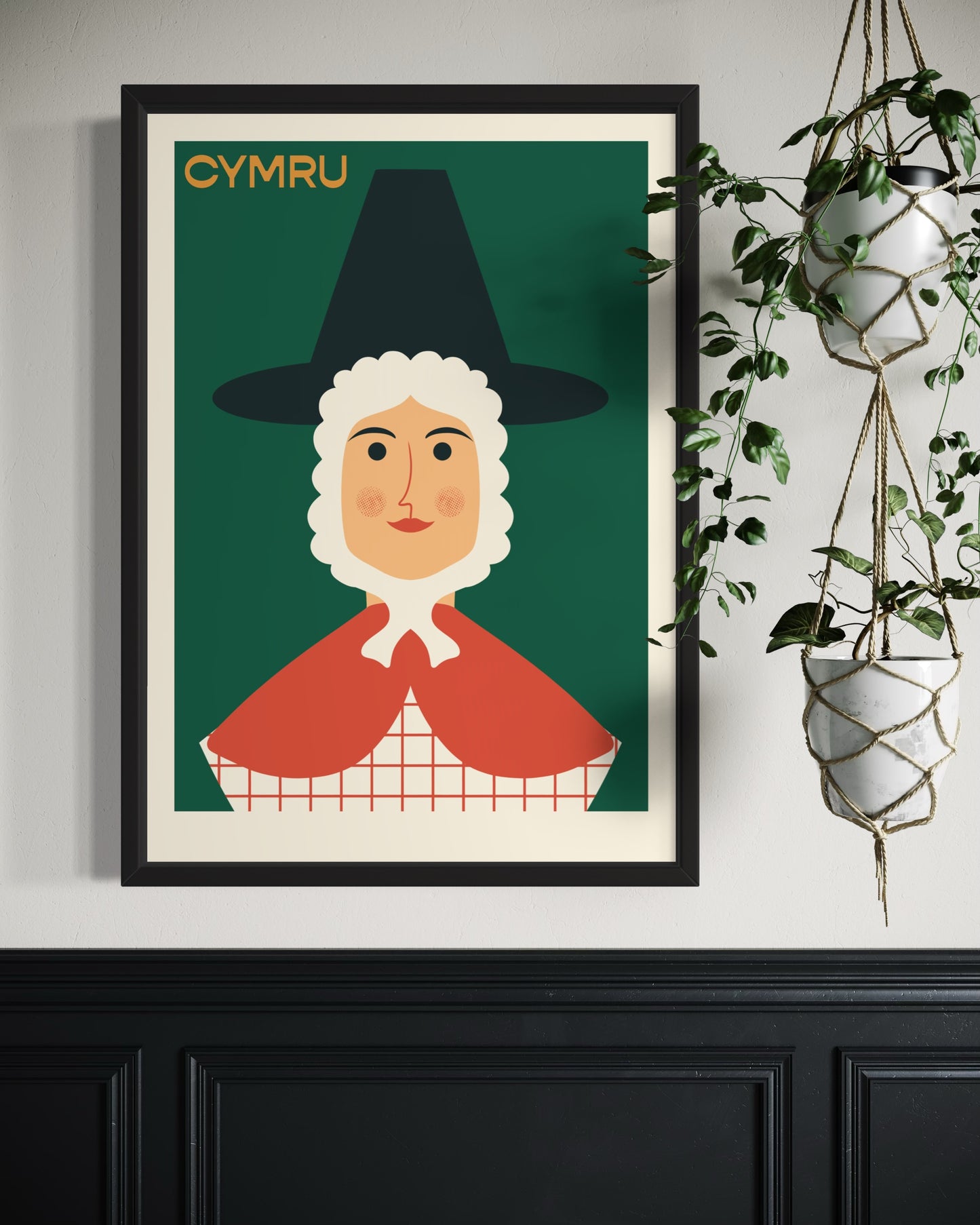 Lady in traditional Welsh dress using colours of the Welsh flag.