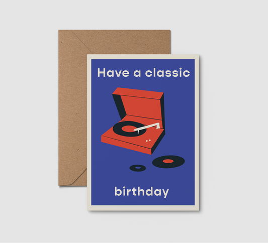 Have a classic birthday celebration card. Featuring a record player for music lovers. 